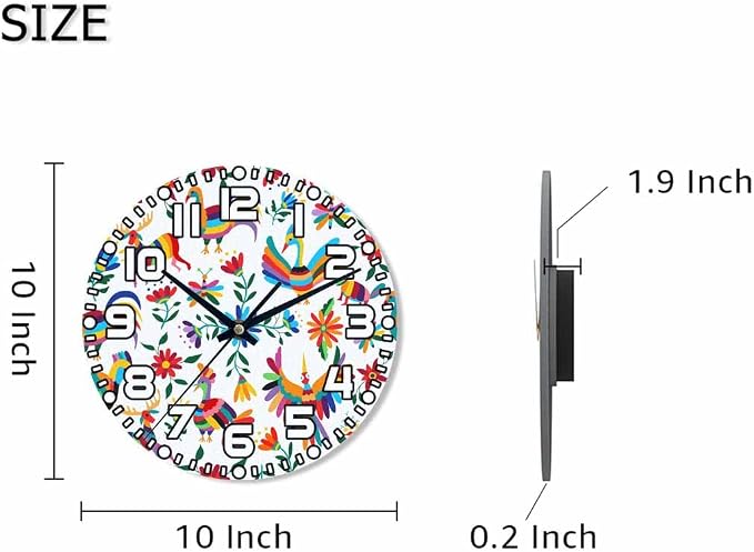 Animals Mexican Wall Clock Battery Operated Flowers Bird Spring Colorful Traditional Clip Art Wall Clock Silent Non Ticking Quality Quartz 10 Inch Round Easy Clock to Read for Home Office