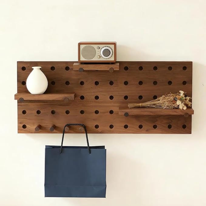Walnut Wood Pegboard Wall Organizer, Mid-Century Modern Wall Mounted Display Shelf, Modular Wooden Peg Board Shelving Unit with Hooks for Entryway, Bedroom, Office Storage & Decor