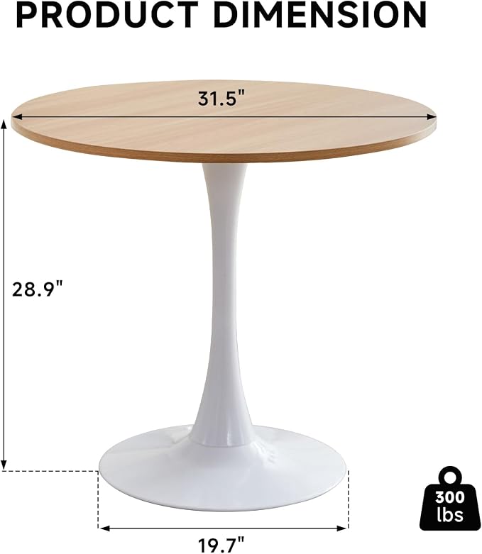 31.5" Round Dining Table for 2-4 Modern Circle Tulip Table with Metal White Tulip Pedestal Base for Kitchen Dining Living Room Apartment Small Space Cafe, Natural