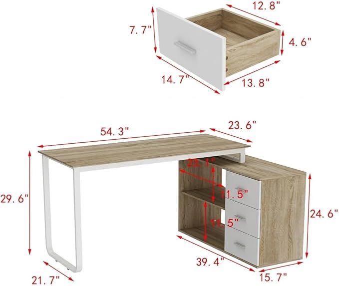 Homsee Home Office Computer Desk Corner Desk with 3 Drawers and 2 Shelves, 54 Inch Large L-Shaped Study Writing Table with Storage Cabinet - Walnut and White