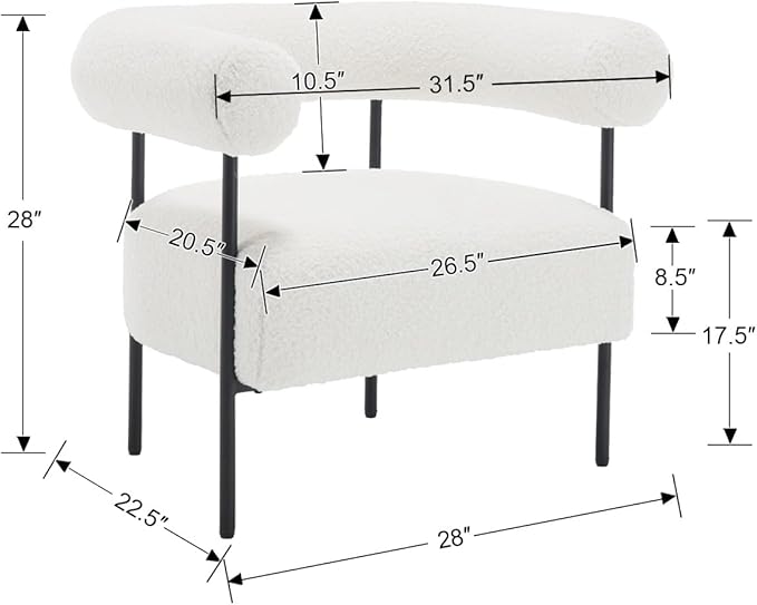Boucle Modern Accent Chair with Curved Back, Small Living Room Vanity Chair, White Comfy Sherpa Barrel Armchair with Metal Legs & Upholstered for Bedroom, Makeup Room