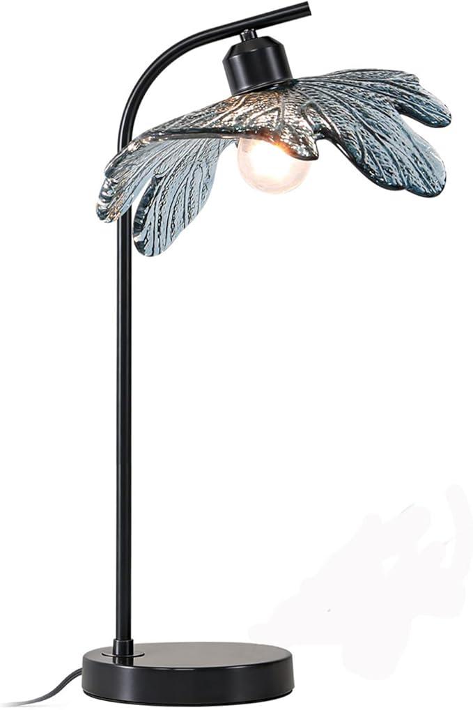 Bedside Table Lamp with Blue Flower Glass Shade - Black Metal Base Mid Century Nightstand Lamp Small Vintage Desk Lamp for Bedroom Living Room Office Farmhouse