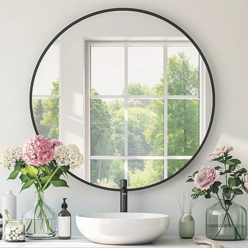 Black Round Mirror, 28 Inch Black Circle Mirror, Metal Frame Round Wall Mounted Mirrors for Bathroom, Living Room, Bedroom, Entryway, Vanity