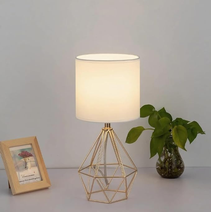 Gold Small Table Lamp Set of 2, Modern Bedside Nightstand Lamps with Geometric Metal Base White Fabric Shade, Cute Desk Lamp for Living Room Bedroom