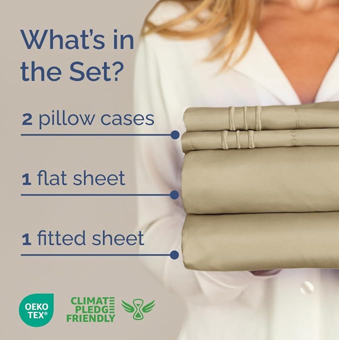 Full Size 4 Piece Sheet Set - Comfy Breathable & Cooling Sheets - Hotel Luxury Bed Sheets for Women & Men - Deep Pockets, Easy-Fit, Extra Soft and Wrinkle Free Sheets - Beige Oeko-Tex Bed Sheet Set