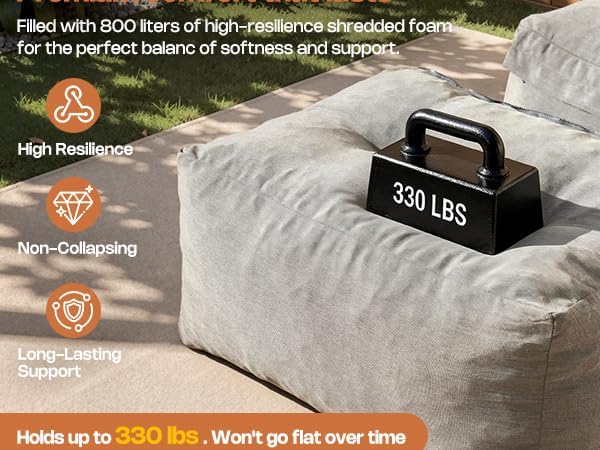 Outdoor Indoor Bean Bag Chair with Ottoman, 2-in-1 Lounge Beanbag with Foam Filling, Waterproof Outdoor Bean Bag & Full-Body Support for Patio Deck Poolside Backyard, Dark Gray