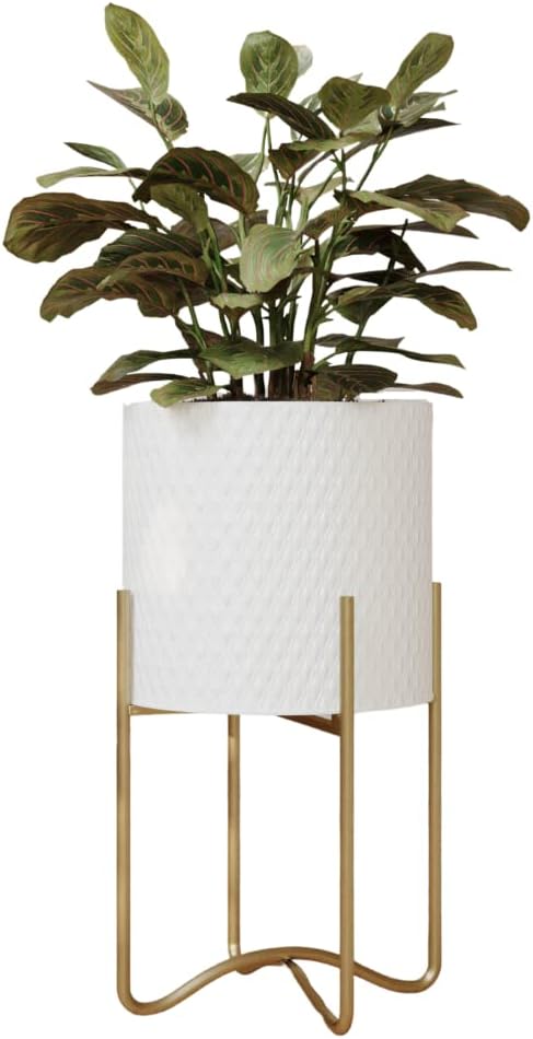 EverNest Claire Mid-Century Modern White Plant Pot with Ambrose Stand, SelectBase, Indoor Plant Pot, Bohemian Style, Minimalist Plant Home Décor (Large, Gold)