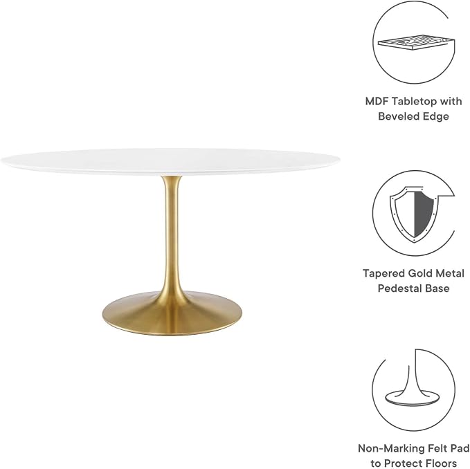 Modway Lippa 60" Oval-Shaped Mid-Century Modern Dining Table with White Wood Top and Gold Base
