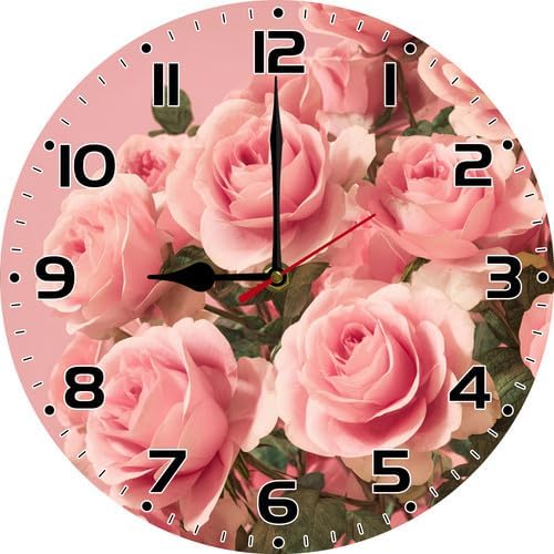 FemiaD Rose Flower Wall Clock 10inch Silent Non-Ticking Battery Operated Quartz Round Wooden Wall Clock Decorative for Kitchen Bedroom Living Room Home Decor