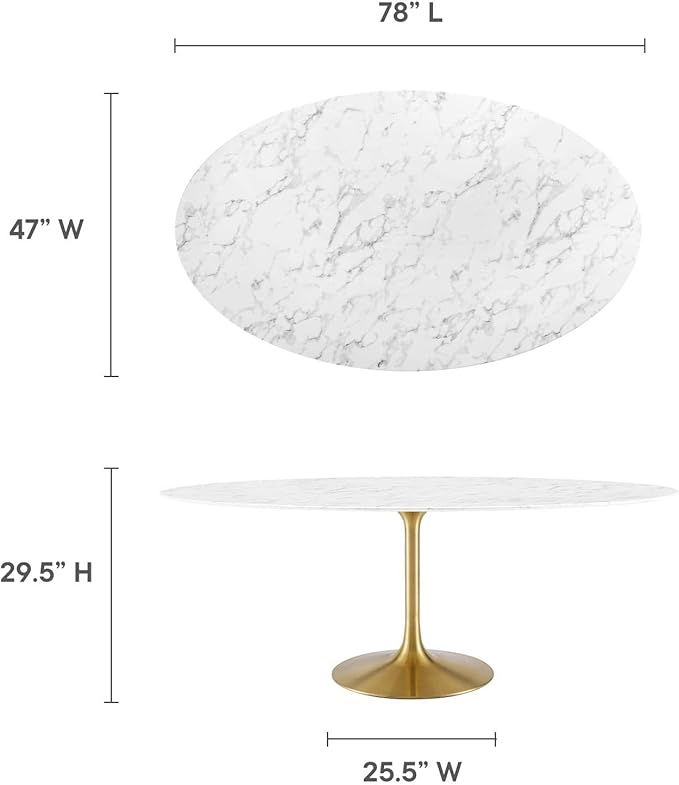 Modway Lippa 78" Oval-Shaped Mid-Century Modern Dining Table with Artificial Marble Top and Gold Base