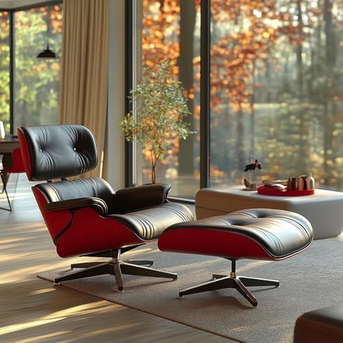 Top Black Grain Leather, Mid Century Chaise Lounge Chair and Ottoman, Modern Chair Classic Design, Red Rosewood, Heavy Duty Base Support for Living Room Office