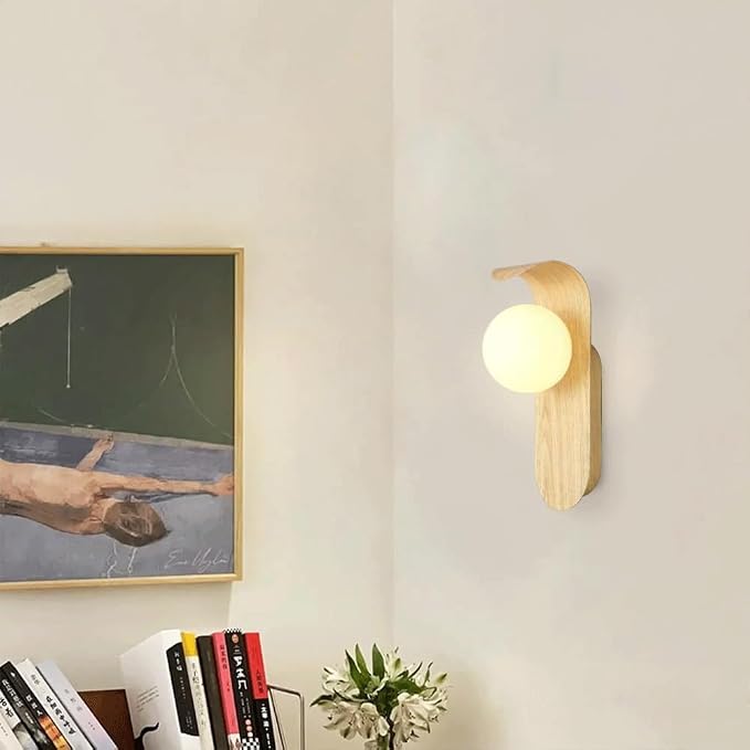 Mid Century Wall Sconce Walnut Texture Glass Globe Wall Lighting Wood Industrial Farmhouse Wall Light Bedside Indoor Retro Industrial Wall Mounted Lamp for Living Room Bedroom Bathroom