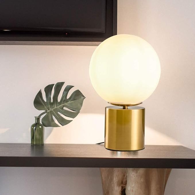 SOTTAE 11 Inch Modern Gold Globe Table Lamp,Vintage Mid Century Round Table Lamp with Milk White Glass Shade Metal Base for Bedroom Bedside Lamp Living Room End Table