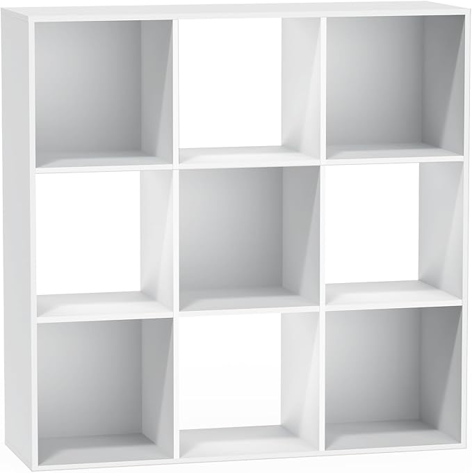 9 Cube Storage Organizer, Free Standing Display Shelf with Open Cubes, Floor Standing Book Shelf Bookcase with Storage for Home Office, Living Room, Bed Room (White, 9-Cube)