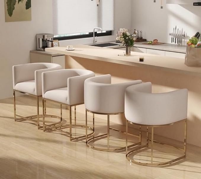 Linen Bar Stools Set of 2, 24" Contemporary Upholstered Fabric Counter Height Bar Stools Kitchen Counter Island Stools Barstools with Golden Metal Base, Cream