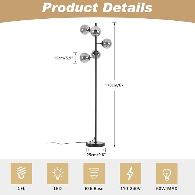 KCO Lighting Smoked Glass Floor Lamp Modern Globe Floor Lamp Farmhouse Black Standing Lamp Multi Head Floor Lamps for Living Room Bedrooms Office