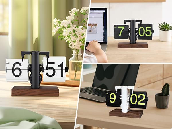 FOSA Flip Desk Clock, Retro Vintage Flip Desk Table Clock, Digital Clock Sided Large Numbers Mechanical Flip Clock Wood Base for Living Room, Study Room and Office（Frosted White）