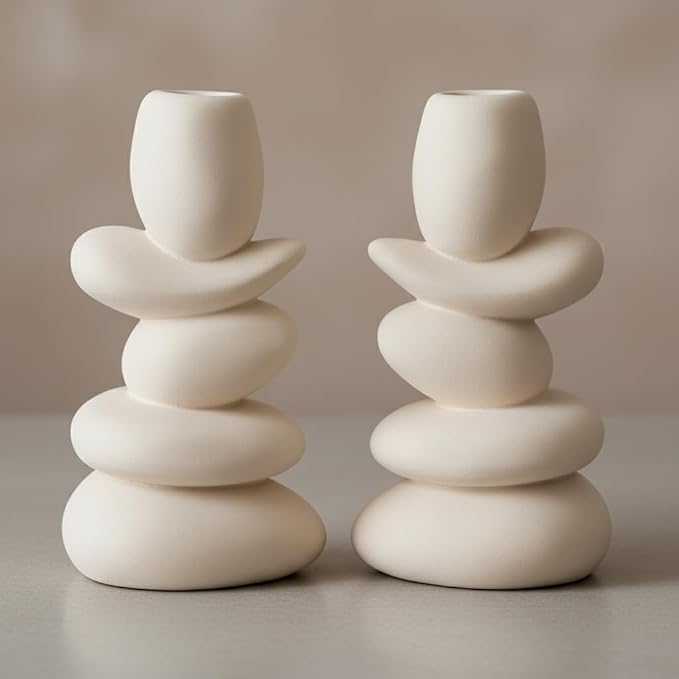 Faux Pebble Candlestick Holders,Set of 2 Natural Style Taper Candle Holders Candle Sticks Holder Decor for Dining Home Decor Table Centerpieces,Fits 0.87'' Thick Candles (Cream White)