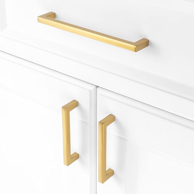 KOOFIZO Solid Square Brushed Gold Kitchen Cabinet Handles Gold Cabinet Pulls, 10 Pack 5 Inch Gold Hardware for Kitchen Cabinets Drawers Dresser Cupboard Bedroom Bathroom