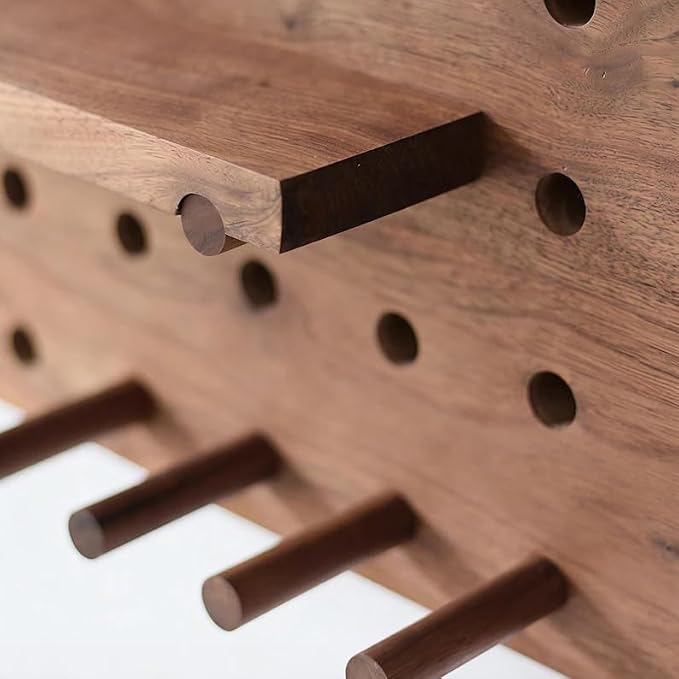 Walnut Wood Pegboard Wall Organizer, Mid-Century Modern Wall Mounted Display Shelf, Modular Wooden Peg Board Shelving Unit with Hooks for Entryway, Bedroom, Office Storage & Decor
