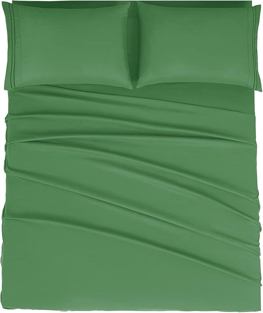 Mejoroom Queen Size Sheet Set - Hotel Luxury 1800 Bedding Sheets & Pillowcases - Deep Pocket Fitted Sheet, Soft, Breathable, Wrinkle & Fade Resistant - 4 Piece (Queen, Calla Green)