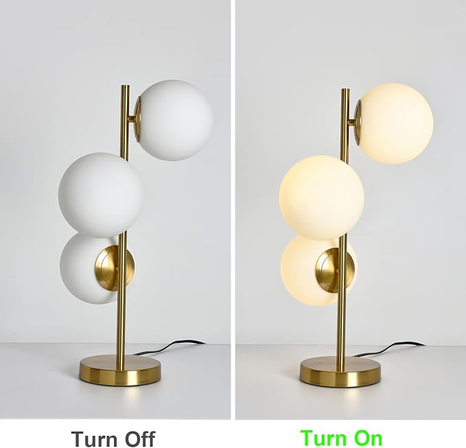 Mid Century Modern Glass Table Lamp 3-Light Gold Nightstand Lamp for Living Room Frosted Milk Glass Shade E26 Base for Office, Bedside, Vanity, Unique Desk Lamps