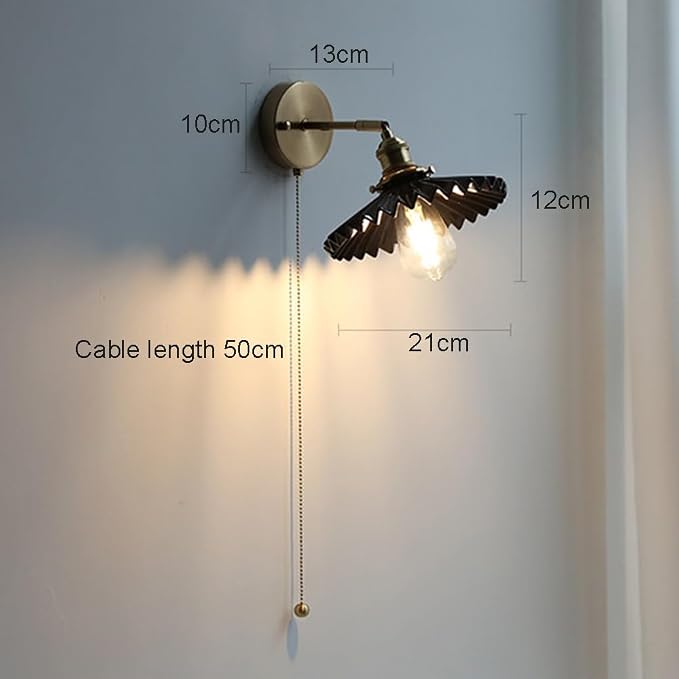 Adjustable Retro Brass Pleated Wall Sconce with Walnut Base - Stylish Swing Arm Lamp for Bedroom, Living Room & Study - Pull Chain Switch Lighting Fixture (Black)