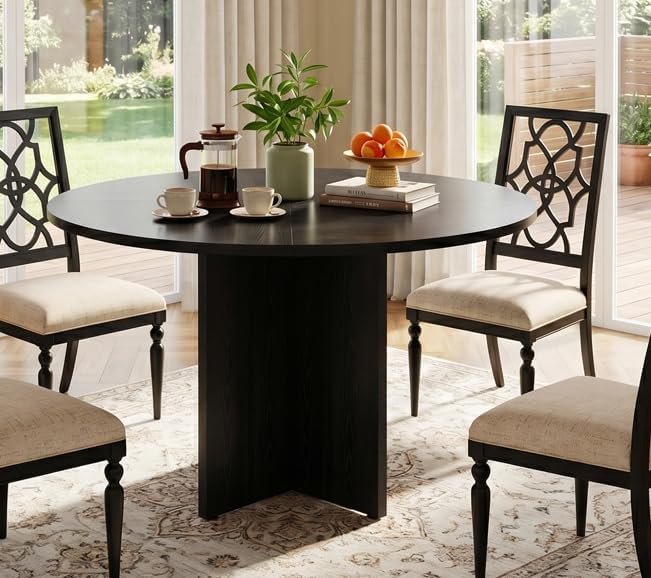 47 Inch Round Dining Table for 4-6 People, Rustic Circle Kitchen Table with X-Shaped Stable Pedestal, Dinner Table for Dining Room Kitchen Living Room, Black