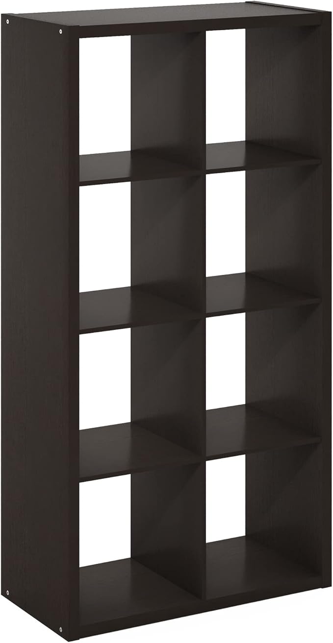 Furinno CUBICLE Book Shelf, 8-Cube Bookshelf, Extra Thick Frame Horizontally & Vertically Reversible Bookcase with Open Back, 14.6" x 30" x 58", for Living Room, Bedroom, Home Office, Black Dark Oak