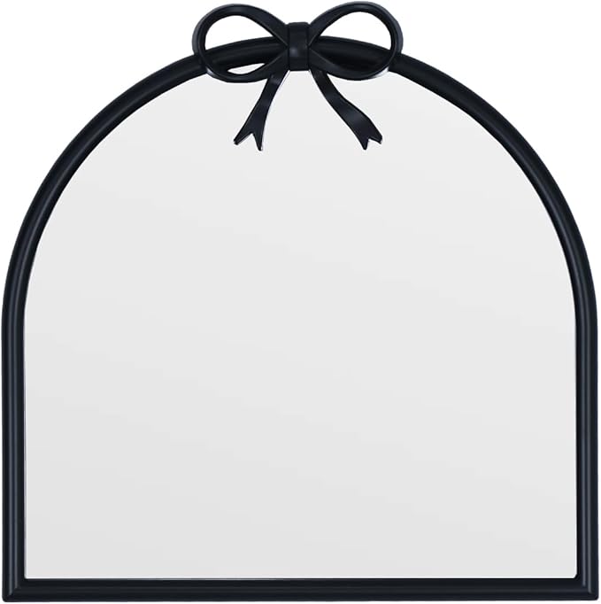 9.8-inch x 9.8-inch Arched Plastic wall Mirror with Bow at top, Modern Decorative Mirror, Small Arched wall Mirror Suitable for entryways and hallways (Black, 9.8x9.8 inch)