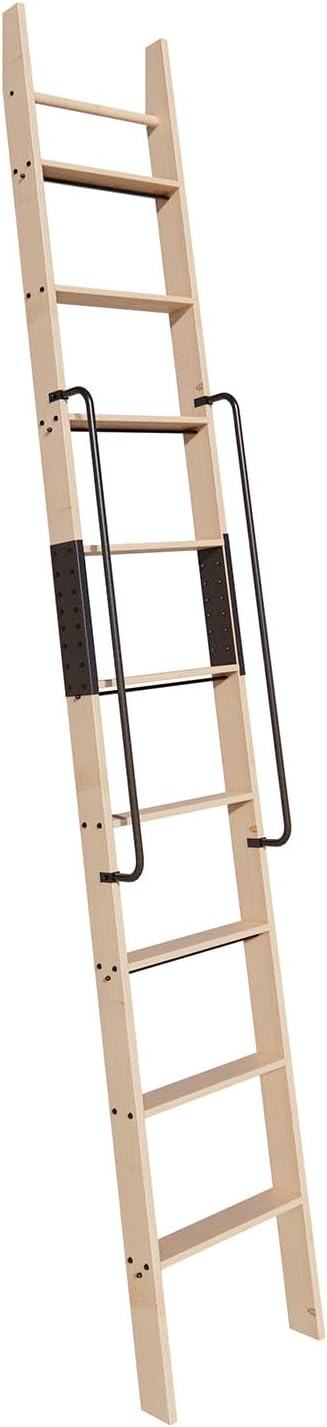 120in Knotty Pine Wood Library Ladder with Black Handrail – 300 lbs Capacity, Unfinished for Painting or Staining