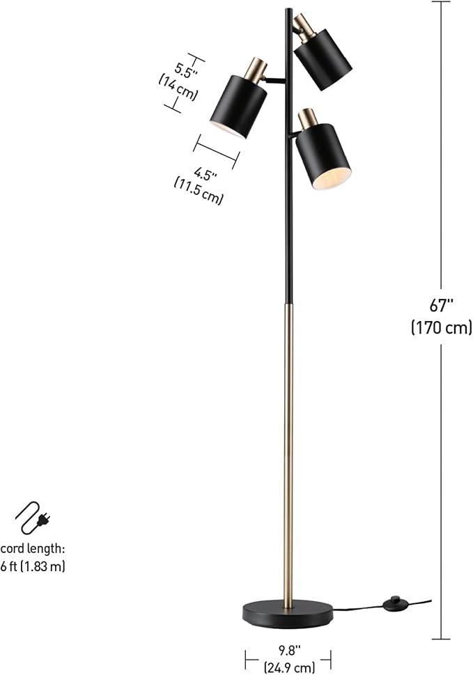 GLOBE Electric x Novogratz 67354 67" 3-Light Tree Floor Lamp, Matte Black, Brass Accents, Adjustable Pivoting Heads, Modern Standing Light for Living Room or Office, E26 Base, Upscale Industrial