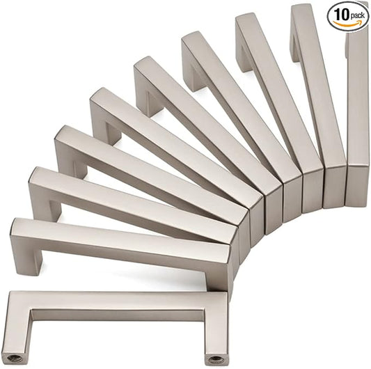 KOOFIZO Solid Square Bar Cabinet Handle - Brushed Nickel Furniture Pull, 3 Inch/76mm Screwhole Distance, 10-Pack for Kitchen Cupboard Door, Bedroom Dresser Drawer, Bathroom Wardrobe Hardware