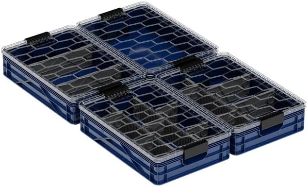 SIDIO Quarter Crate 4 Pack of Stackable Storage Bins - Organizer Bins with Dividers for Garage Organization, Home Storage - Heavy Duty Plastic Containers - 19.16” x 12.75”x 4.57” (Navy Blue)