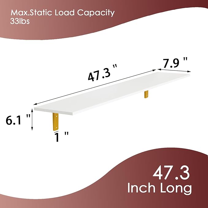 DINZI LVJ Long Wall Shelves, 47.3" Wall Mounted Shelves Set of 4, Large Floating Shelves with Metal Brackets, for Living Room, Bathroom, Bedroom, Kitchen, White and Gold