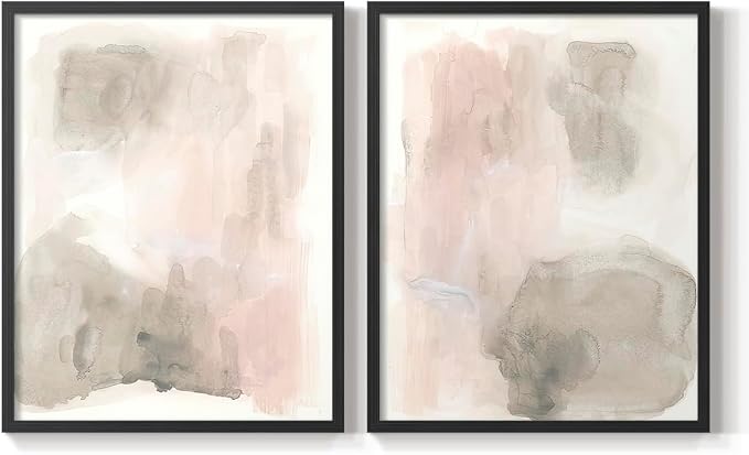 Renditions Gallery Set of 2 Peel & Stick Framed Prints, Watercolor Abstract Wall Art, Nude Color Neutral Aesthetic Wall Decor, Re-Stickable - Ready to Hang - 22"x28" - Black Frame LT588