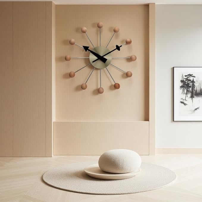 NUOVO 13 Inch Wood Ball Wall ClockMulticolor Mid Century Creative Silent Quartz Personality Funny Decorative Home Living Room Kitchen Office Retro Design Clock