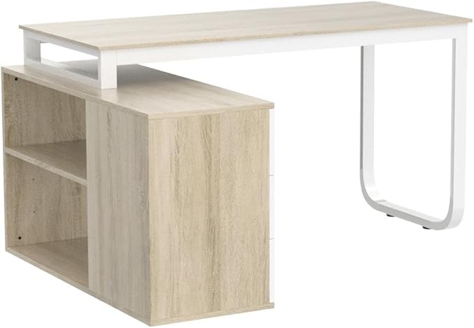 Homsee Home Office Computer Desk Corner Desk with 3 Drawers and 2 Shelves, 55 Inch Large L-Shaped Study Writing Table with Storage Cabinet - Walnut and White