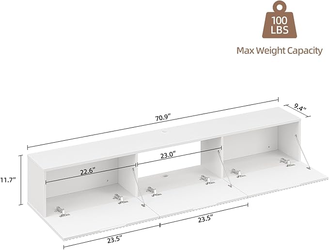 Floating TV Stand with 3 Doors,70IN Wall Mounted TV Cabinet,Floating Media Console Slatted Entertainment Center with Storage,Under TV Shelf for Bedroom Living Room,White