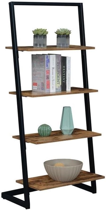 Pemberly Row Contemporary Ladder Bookshelf, Nutmeg Wood Finish, Particleboard and Metal, 4 Tiers, 25.25 x 18 x 57 in, Urban Style Display and Storage Unit for Living Room or Home Office