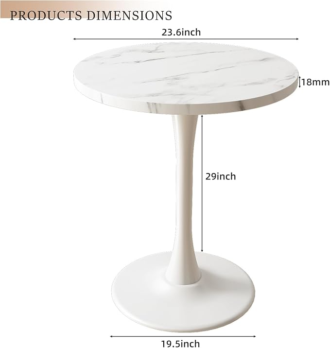 White Marble Round Dining Table 24" Circle Tulip Table with Thickened Tabletop & Sturdy Metal Pedestal Mid Century Modern Leisure Bistro Kitchen Tables 2 People Small Places Living Room Cafe