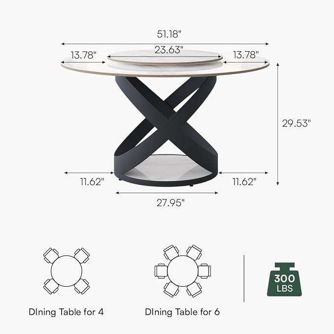 POVISON 51" Modern Dining Table, Glossy White Round Dining Table for 4 Built in Lazy Susan, Sintered Stone Dining Tabletop with Black X Carbon Steel Base (Table Only)