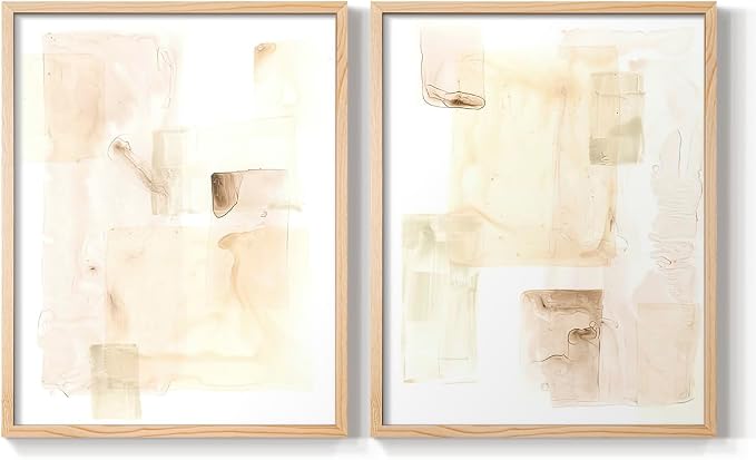 Renditions Gallery Set of 2 Peel & Stick Framed Prints, Abstract Wall Art, Mixed Handmade Oil Painting Wall Decor, Re-Stickable - Ready to Hang - 22"x28" - NATURAL WOOD Frame LT588