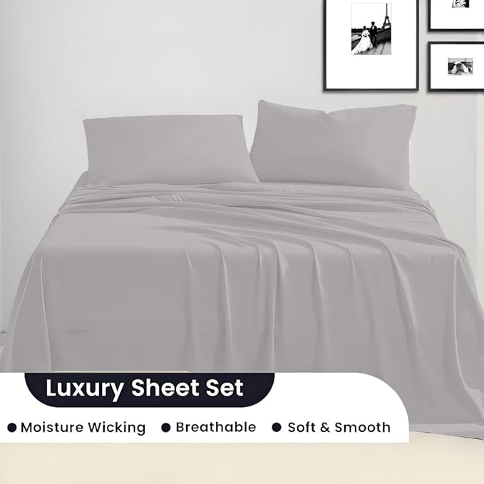 SGI bedding 100% Egyptian Cotton Sheets RV King Size 600 Thread Count Sheets Set, Soft, Cooling, 15" Deep Pocket, Luxury Hotel Bedding, Breathable, Durable - Light Grey