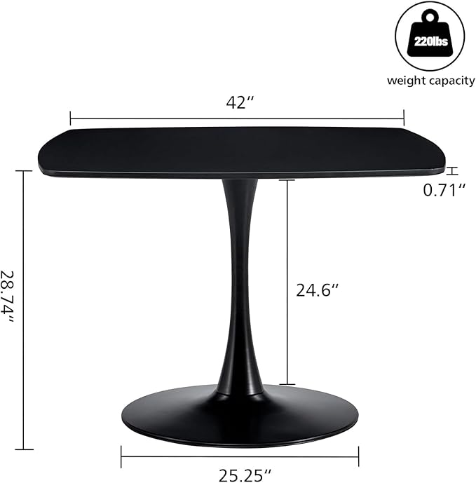 42 Inch Black Square Dining Table for 4-6 Person,Mid-Century Black Tulip Table Kitchen Dining Table with MDF Tabletop and Pedestal Base for Home Kitchen