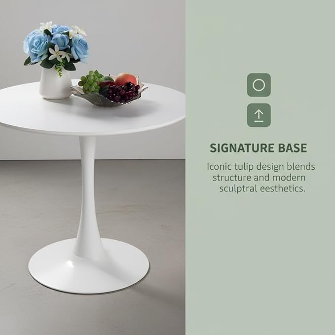 White Tulip Table - 31.5 Inch Mid-Century Modern Round Dining Table for 1-2 Person,Small Space Round Table for Kitchen,Living Room,Office,Cafe,Easy Assembly