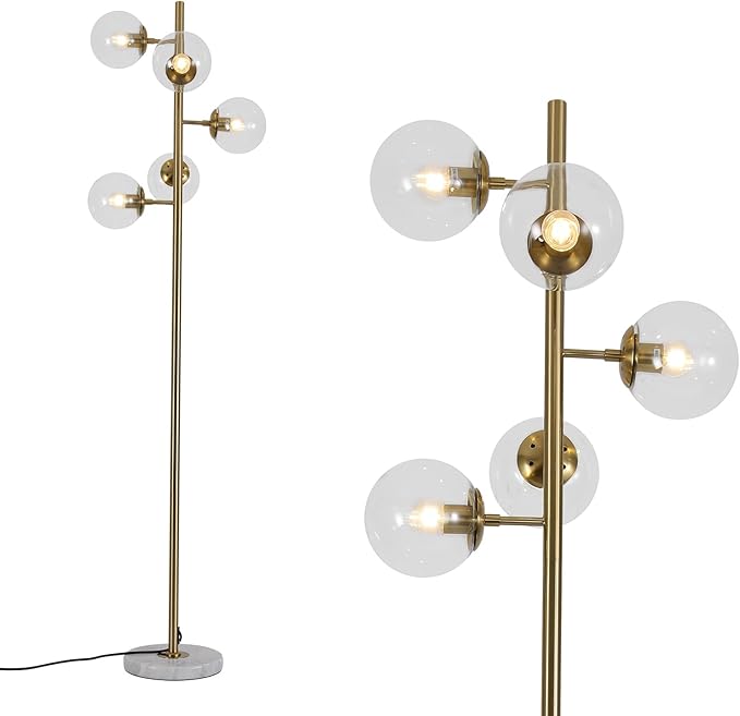 KCO Lighting Clear Bubble Glass Floor Lamp Nordic Globe Floor Lamp Brass Floor Light Vintage Gold Floor Lamps Modern Tall Standing Lamp for Living Room Bedroom Office