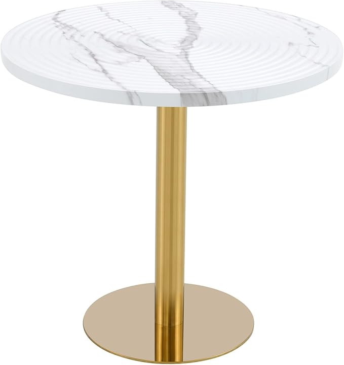 31.5 Inch Round Dining Table for 2-4 Person,Mid-Century Modern White Tulip Kitchen Table, Faux Printed Marble Top with Suction Molding Annular Texture and Gold Metal Base