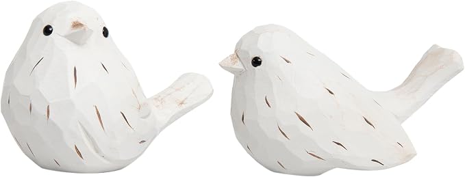 Handcrafted Farmhouse Bird Decor Figurines Set of 2 – Rustic White Carved Bird Statues for Home Decor, Cottage Chic Ornaments, Vintage Wood Sculptures, Spring Table Accents, Gift for Bird Lovers