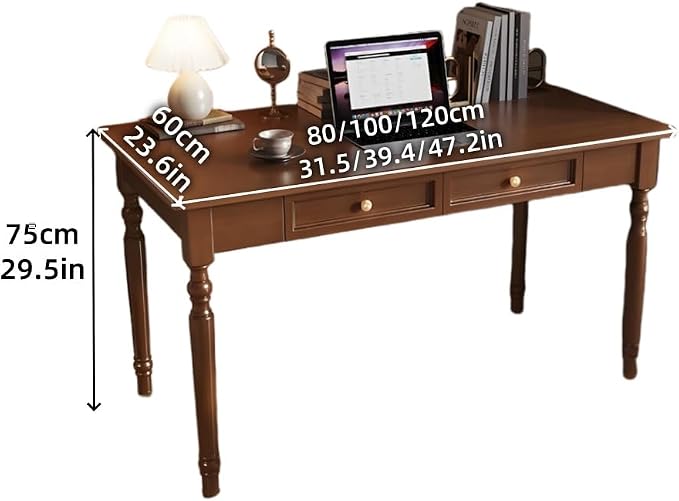 Small Computer Desk with 2 Drawers, Mid Century Modern Writing Desk, Vintage Wooden Vanity Table, Simple Study Work Table for Living Room, Bedroom, Office(Gray,120cm/47.2in)